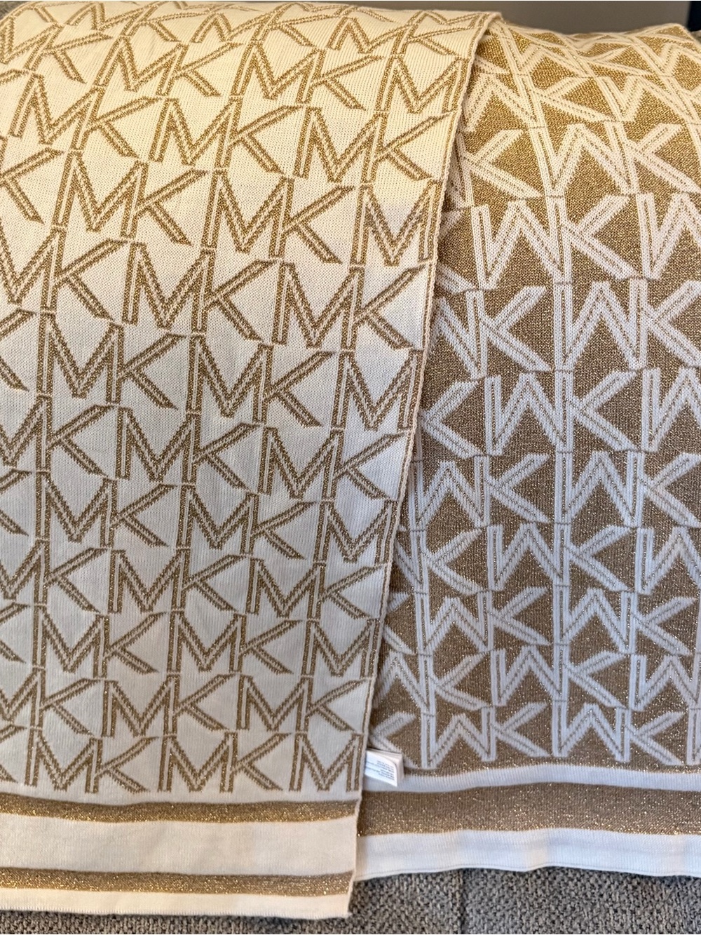 Michael Kors Ivory & Metallic Gold Monogram MK Logo Scarf 72"